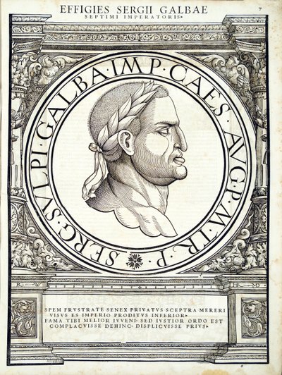 Galba, illustration from Imperatorum romanorum omnium orientalium et occidentalium verissimae imagines ex antiquis numismatis by Hans Rudolf Manuel Deutsch
